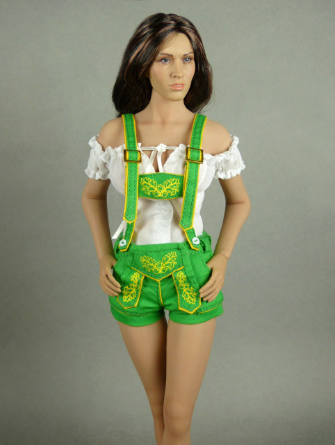 Flirty Girl 1/6 Scale Female White Blouse & Green Shorts Lederhosen Uniform Set